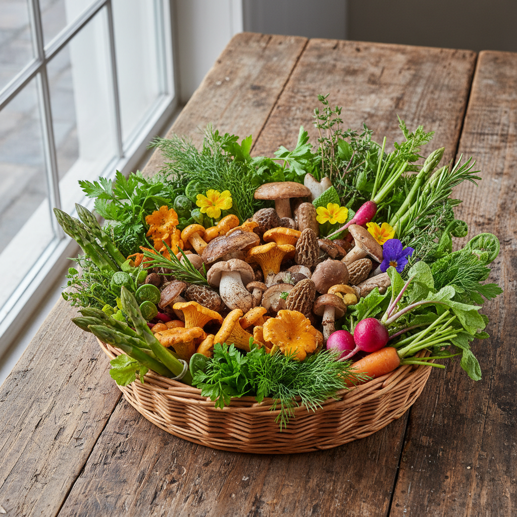Spring foraging meal kit with wild mushrooms, fresh herbs, and seasonal vegetables