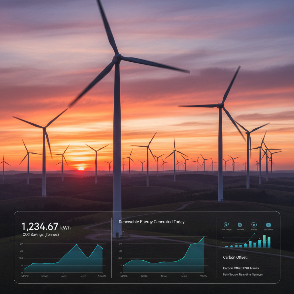 Wind turbines at dusk with carbon accounting data overlay on screen in foreground