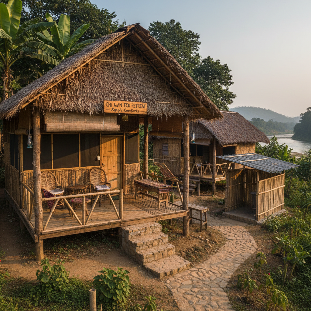 Eco lodge at Dapoli with bamboo huts surrounded by tropical forest and stream