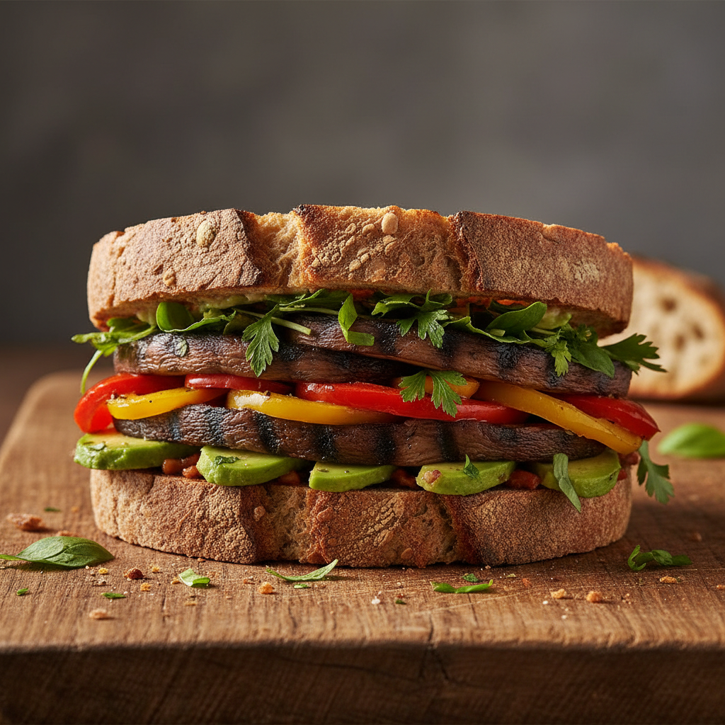 Vegetarian sandwich with grilled portobello mushroom, roasted peppers, avocado and fresh herbs