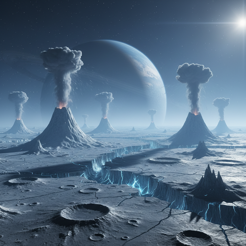 Bright blue alien planet surface with glowing craters and stars