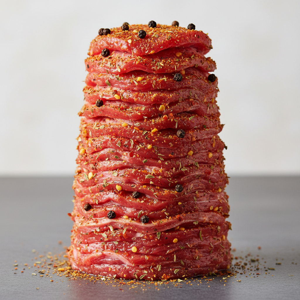 Thin sliced raw döner meat marinated in spices stacked vertically