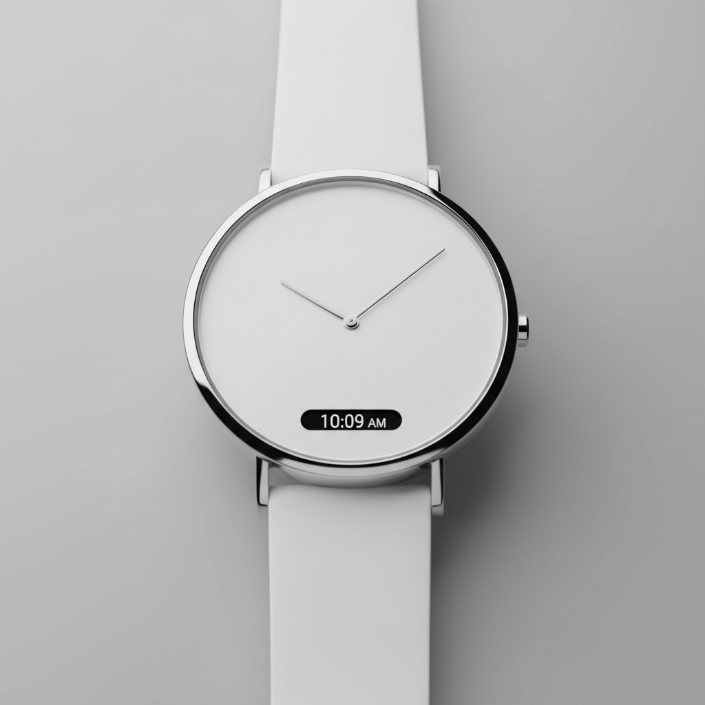Minimalist silver smart watch with dark face on white reflective surface
