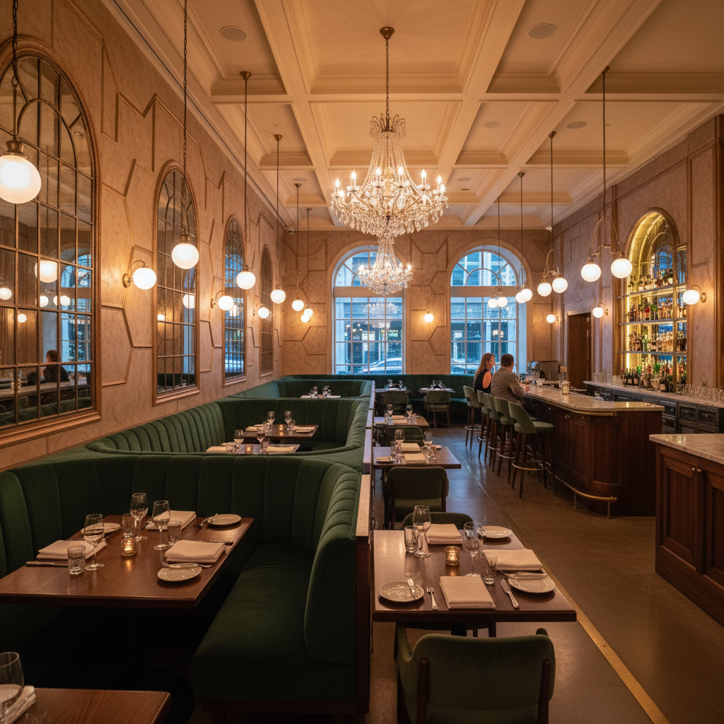 Upscale restaurant with dark wood accents, warm directional lighting, architectural ceiling detail