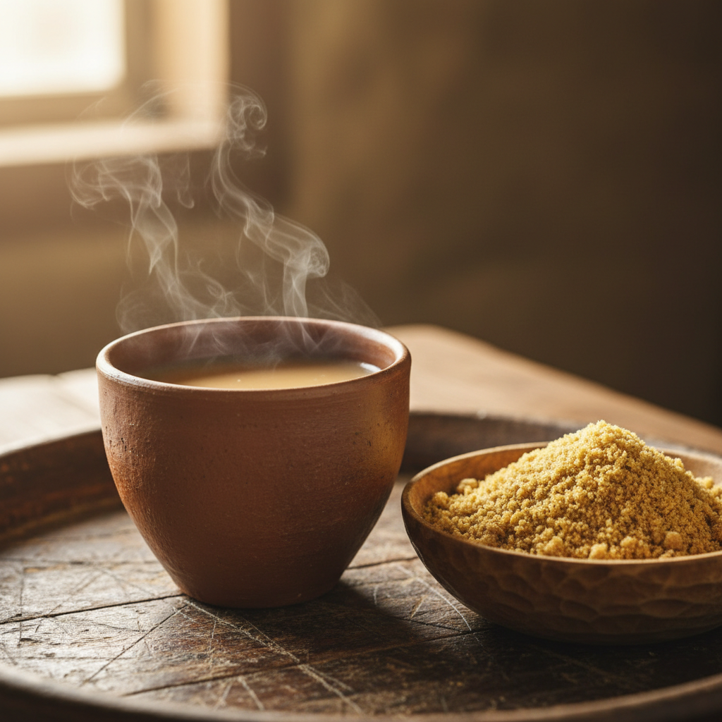 Steaming clay cup of butter tea on a worn wooden tray with tsampa bowl beside it