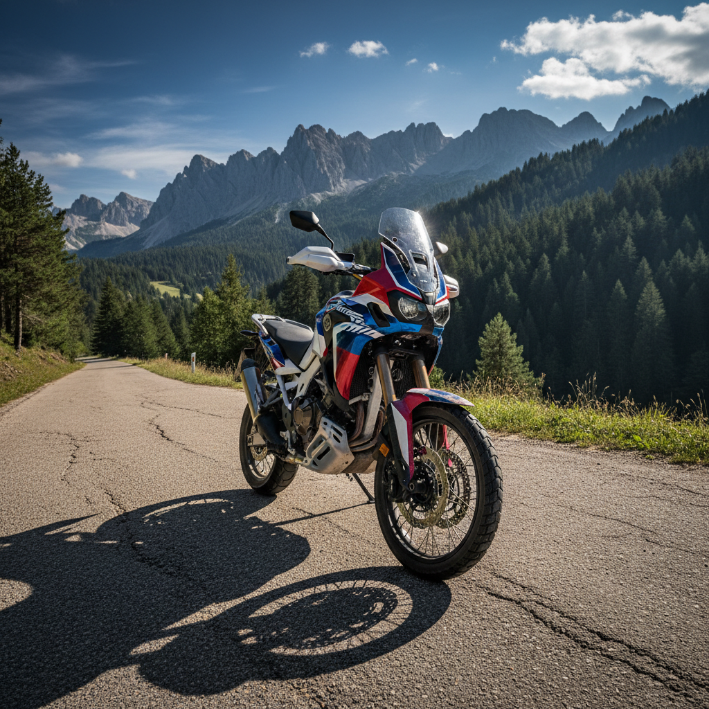 Honda Africa Twin CRF1100L adventure motorcycle on mountain terrain, dramatic side view, dark background