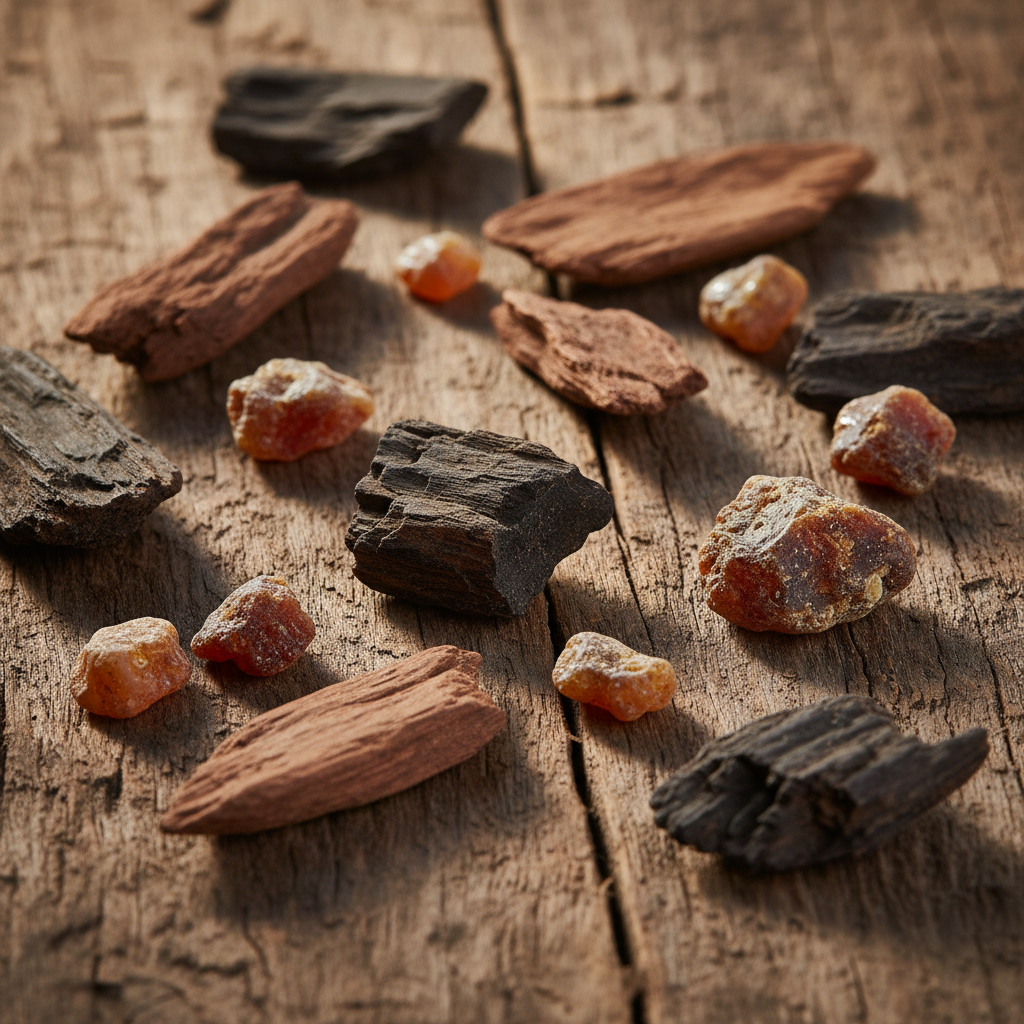 Dark wooden resin oud chips on black slate, dramatic side lighting, rich amber and brown tones