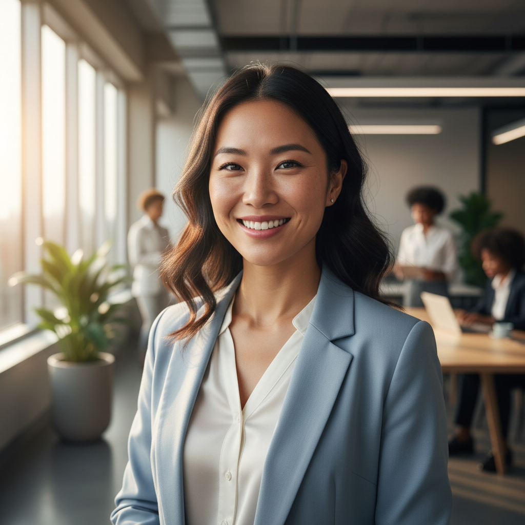 Professional Asian woman with long black hair in navy blazer smiling at camera in modern office