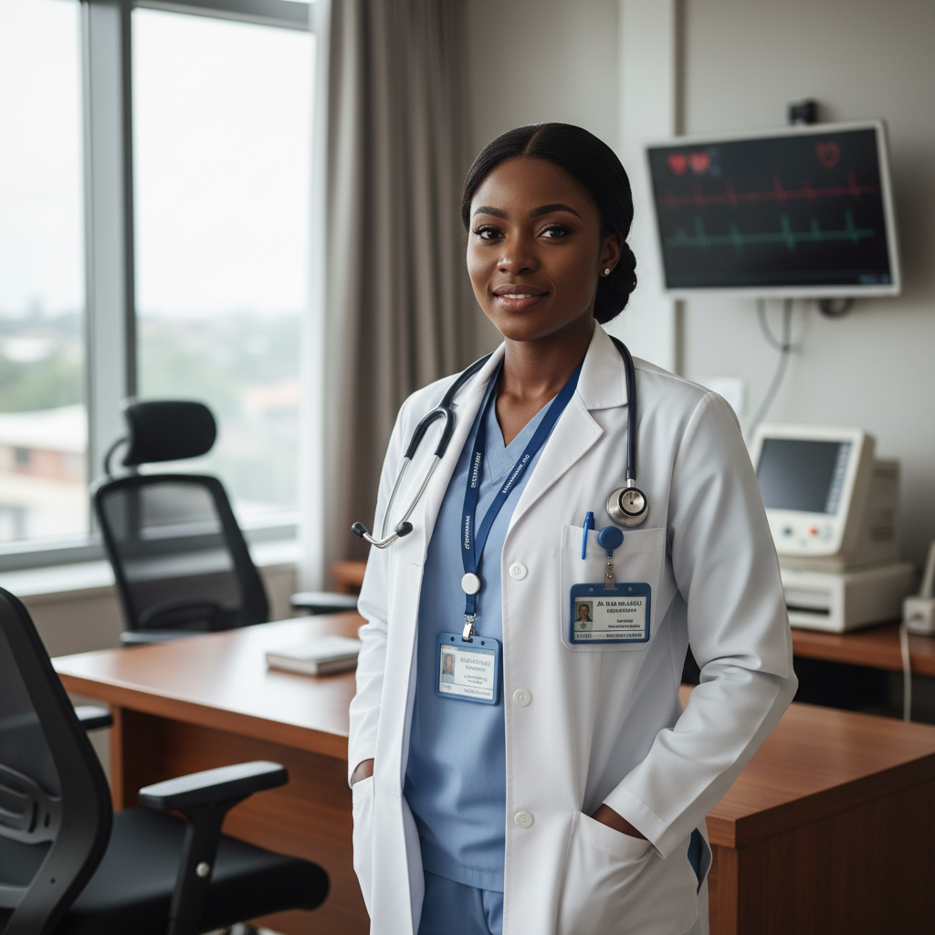 Female Nigerian doctor in white coat smiling confidently