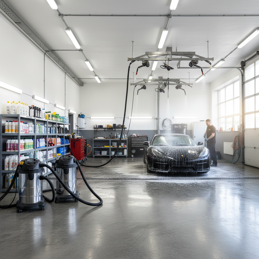 Professional car wash technician cleaning a luxury black vehicle with foam and water at doorstep, dark atmospheric lighting