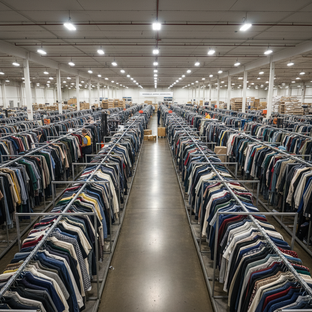 Organized warehouse with rows of folded apparel and garment racks for wholesale distribution