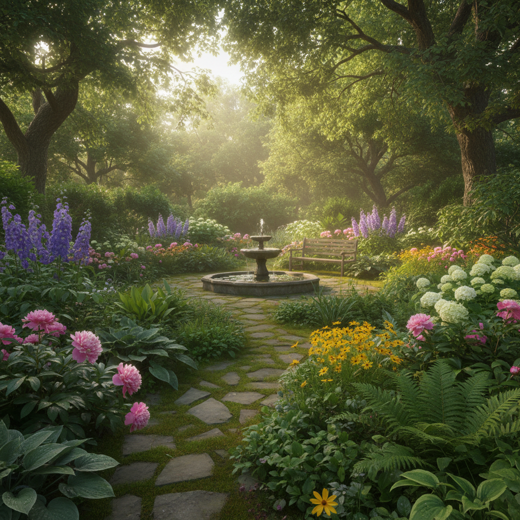 Tranquil garden with flowers and stone path, warm afternoon light, peaceful and serene outdoor space
