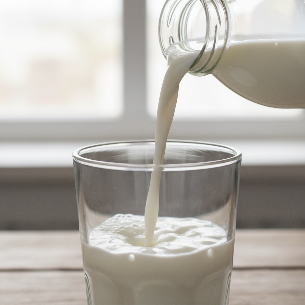 White glass milk bottle filled with fresh whole milk