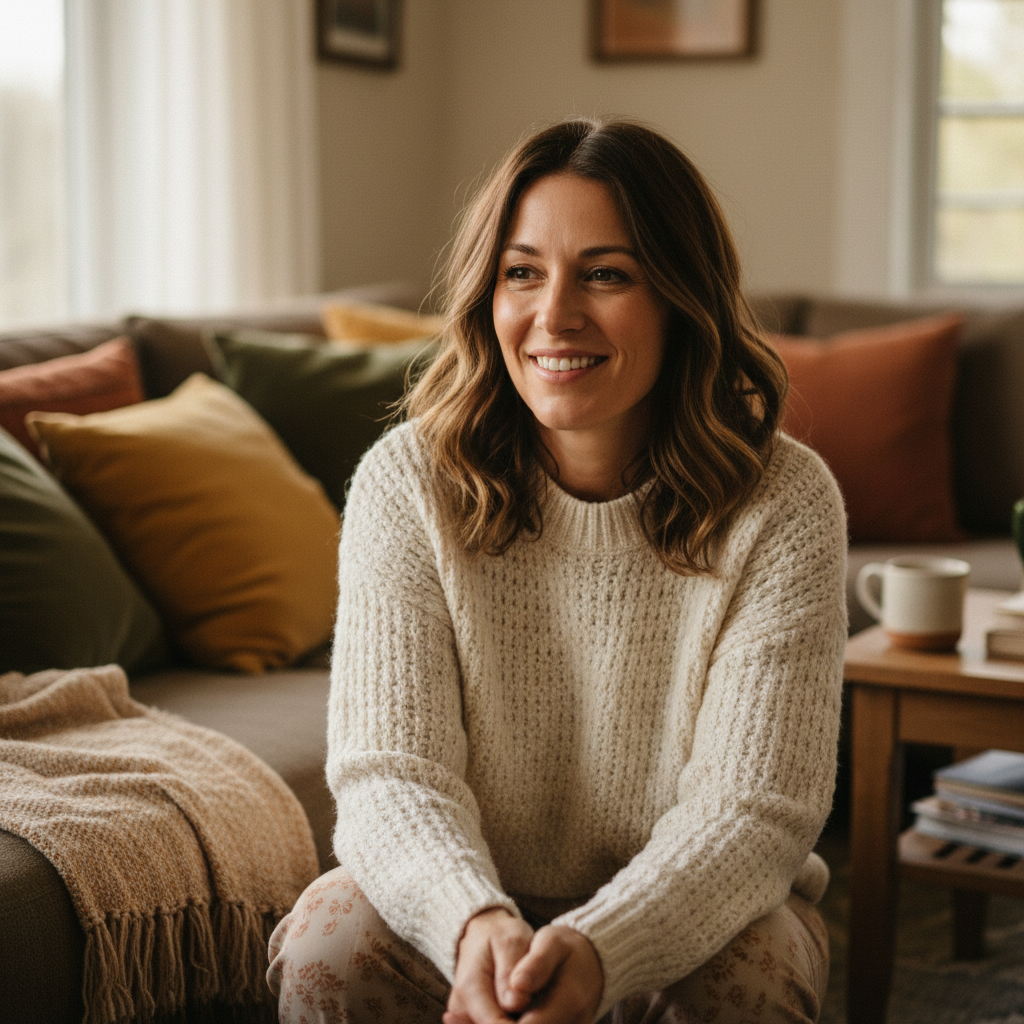 Maya, Nurture sitter, smiling warmly in a cozy living room setting