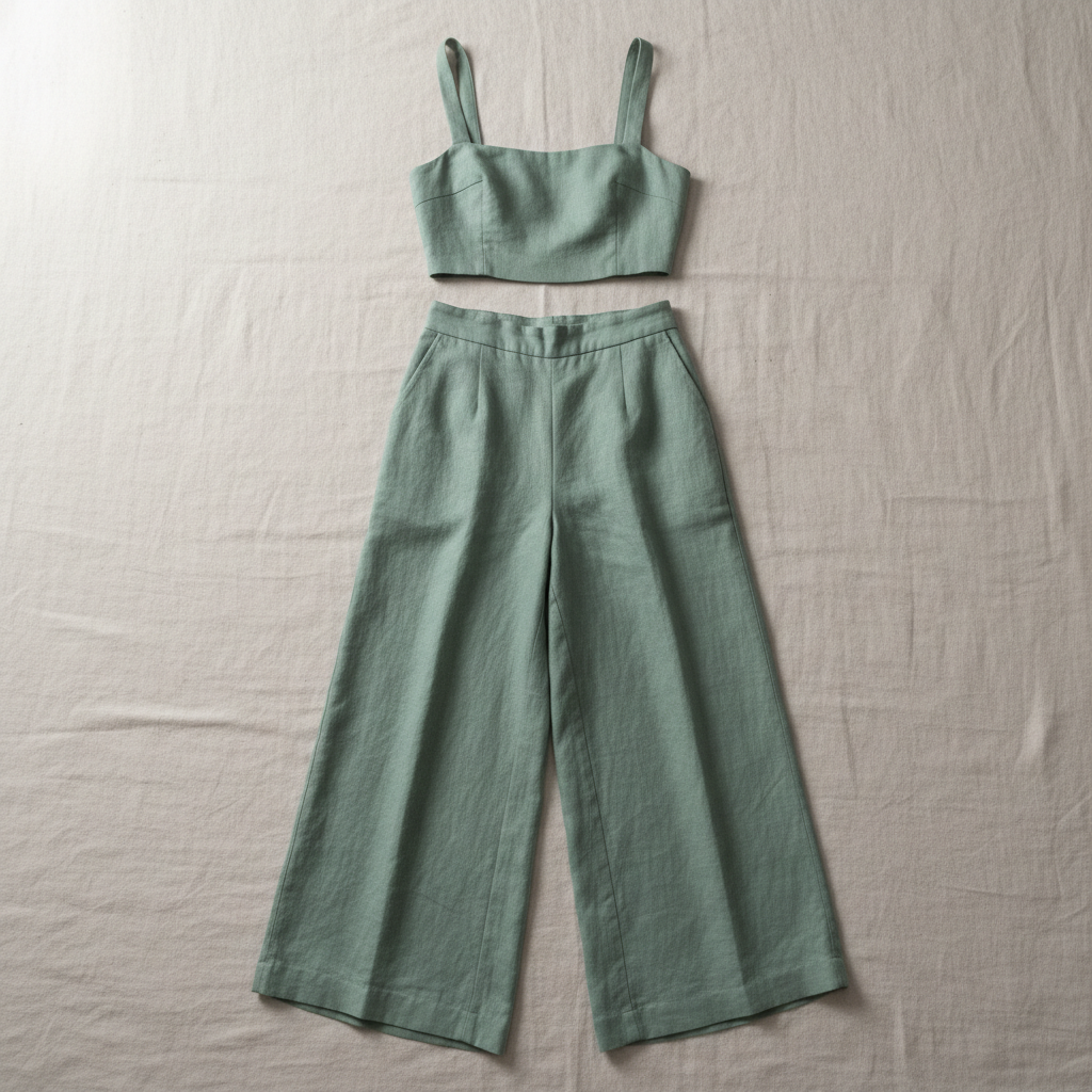 Matching linen co-ord set, bright outdoor setting, summer fashion editorial
