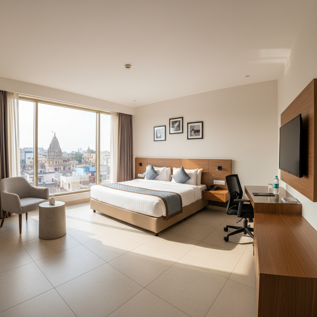 Professional hotel room with clean modern design, desk workspace, and comfortable bed