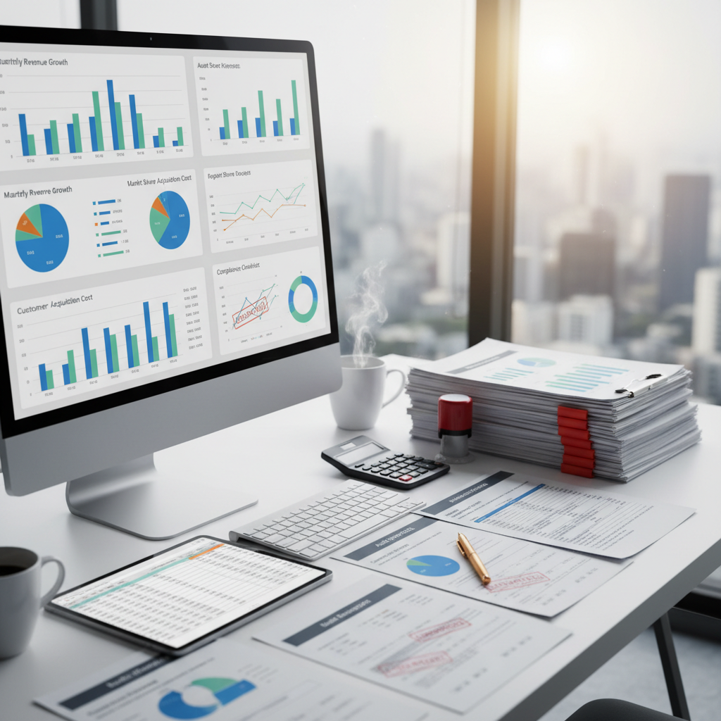 Clean desk with laptop showing business analytics dashboard and planning documents in bright office setting