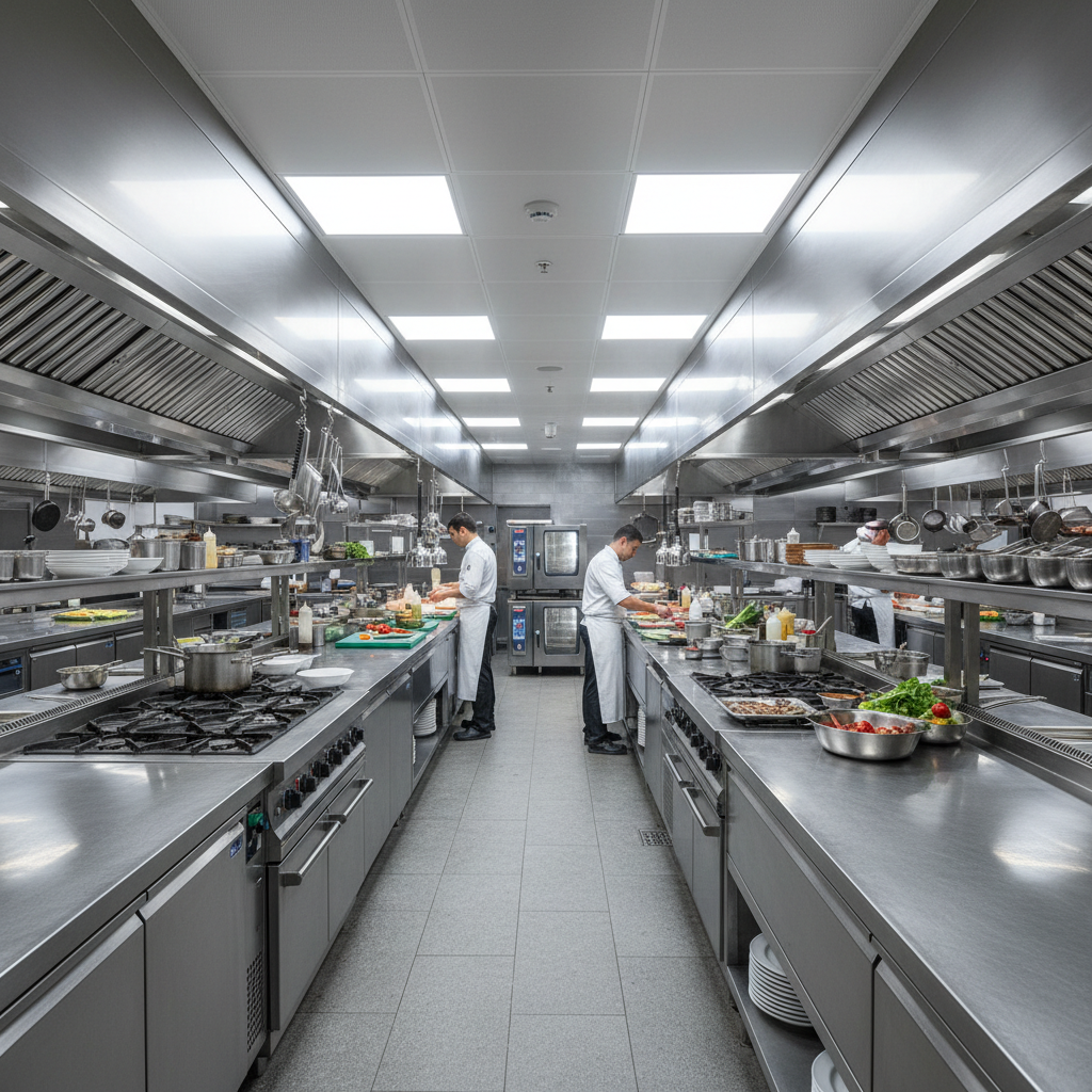 Modern hotel restaurant kitchen with stainless steel counters and professional equipment