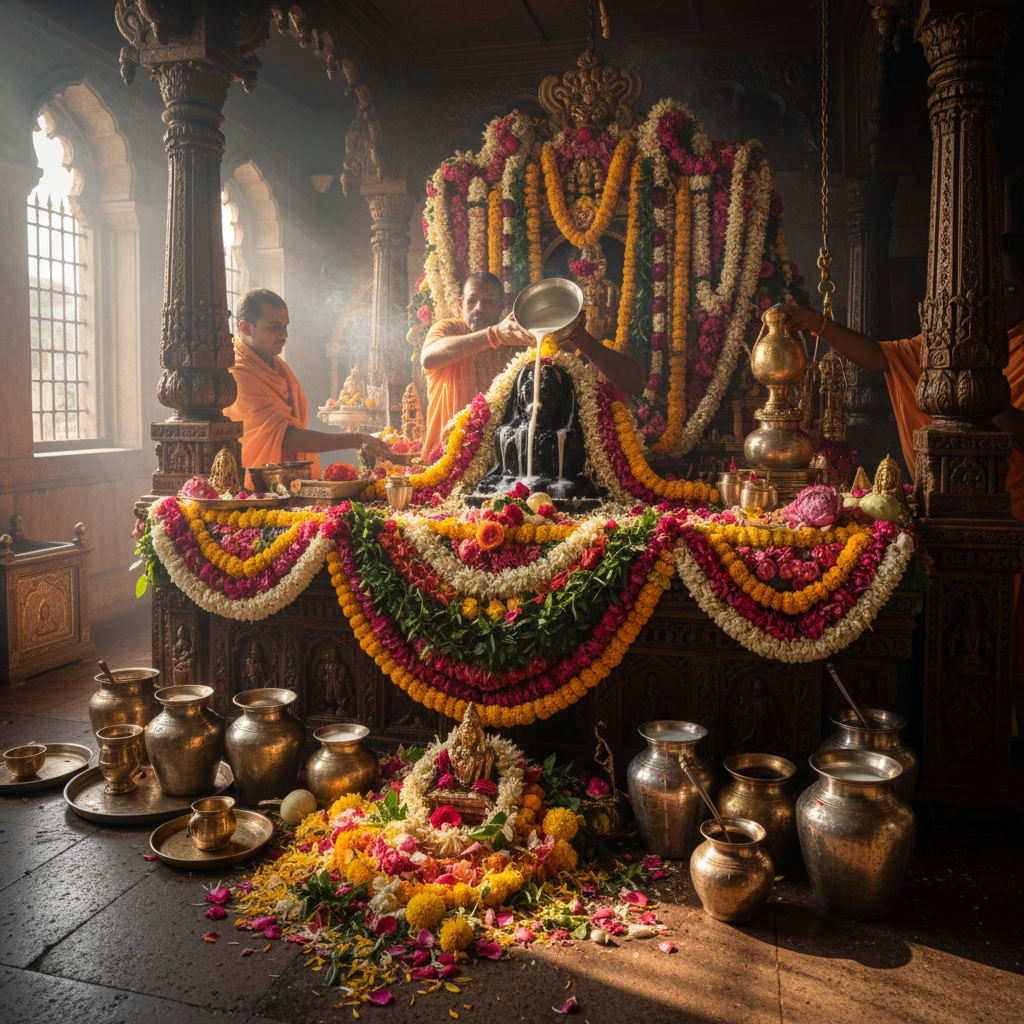 Sacred abhishek ritual with flowers and milk offering at temple altar