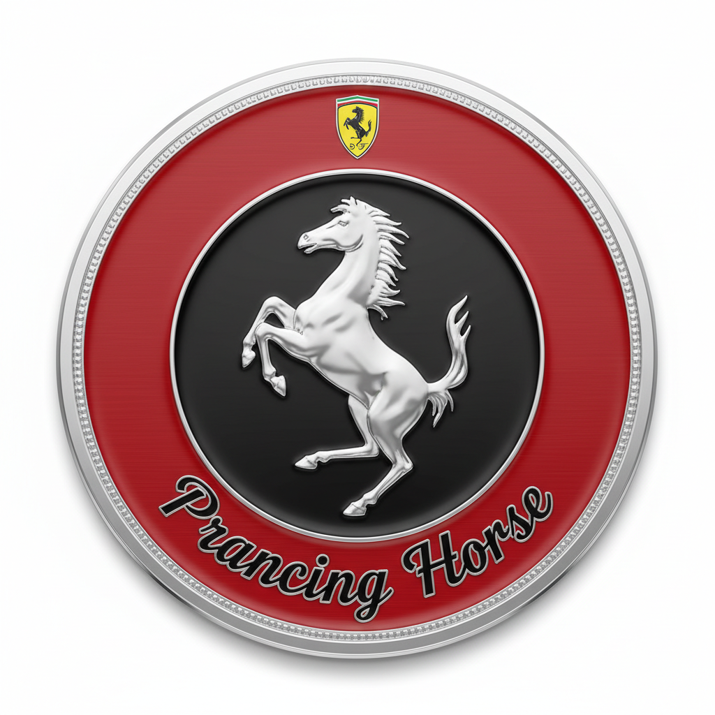 Close-up of prancing horse badge on classic Ferrari