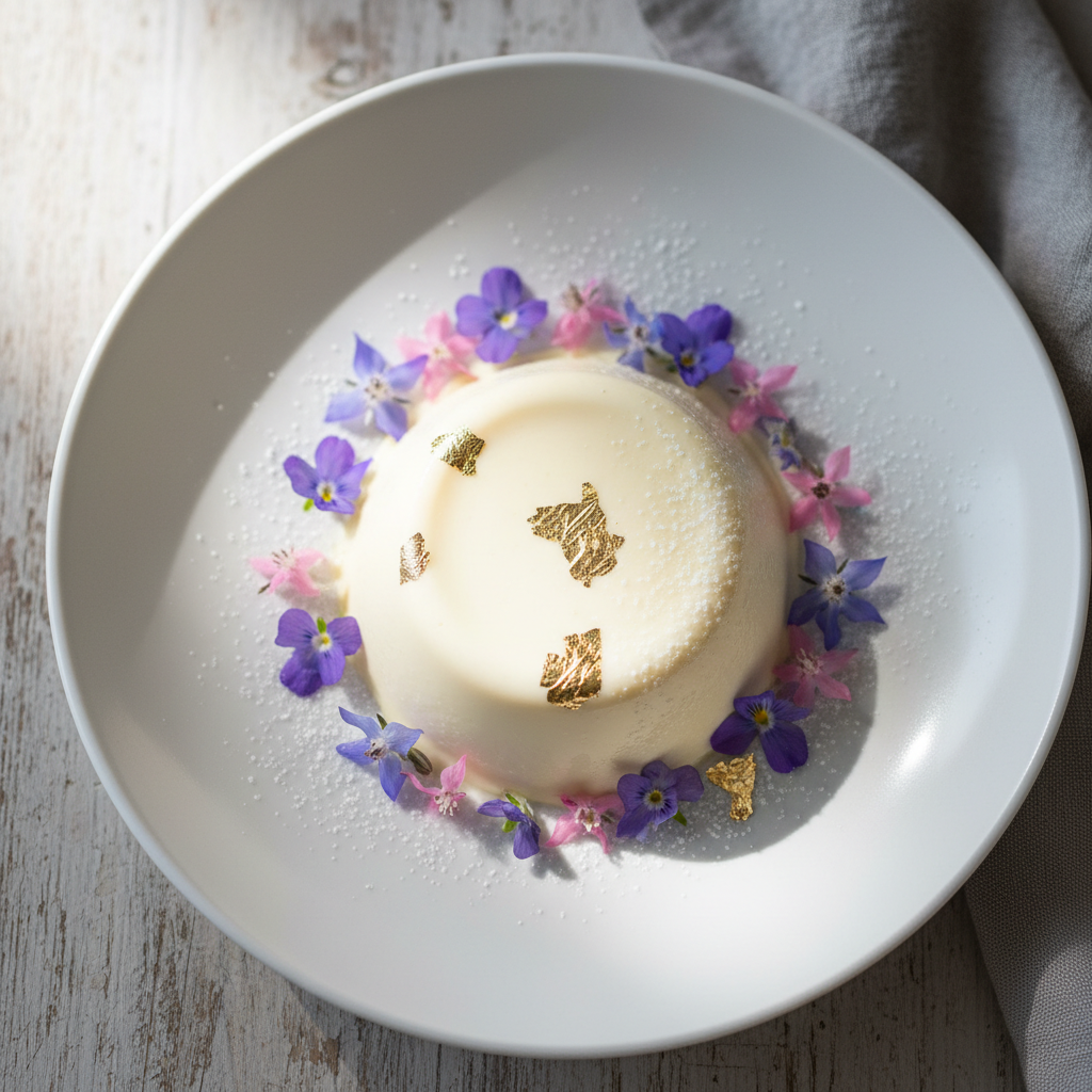 Elegant chocolate dessert plated with gold leaf and edible flowers on white ceramic