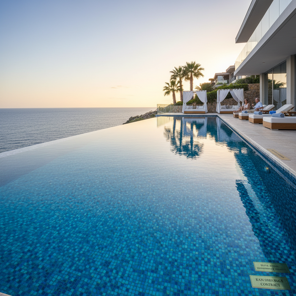 Luxury hotel infinity pool overlooking tropical ocean, warm golden sunset light, deep blue horizon