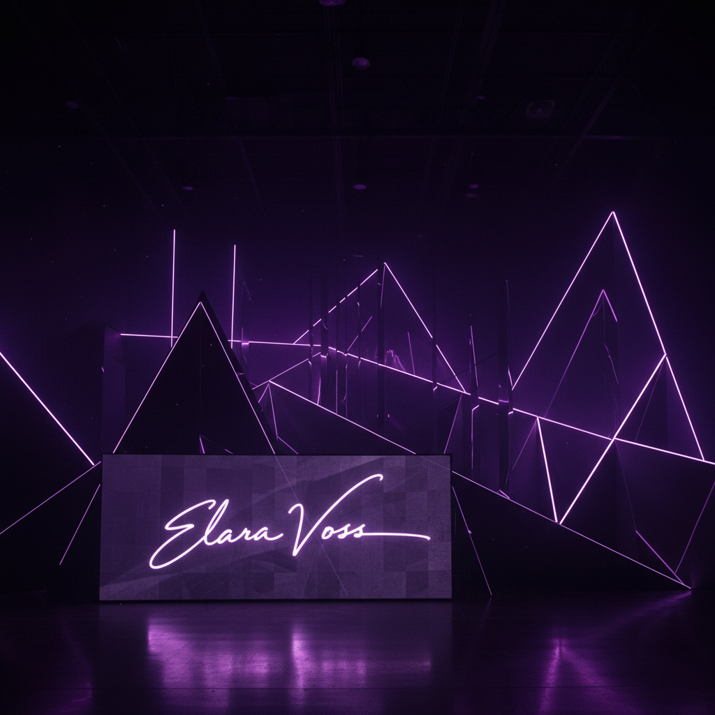 Elara Voss signature campaign — a sweeping dark studio installation with violet light cutting through geometric forms