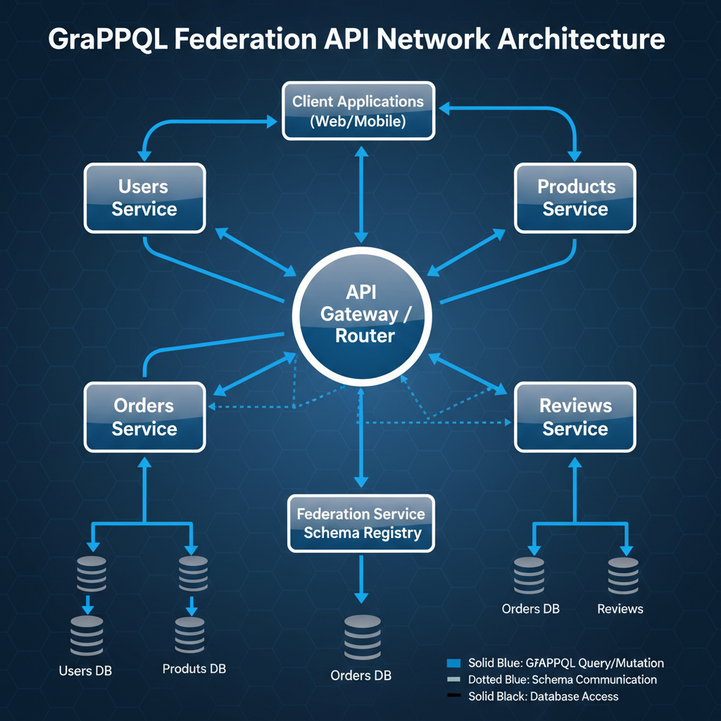 Diagrama de grafo con nodos y conexiones representando estructura de API GraphQL