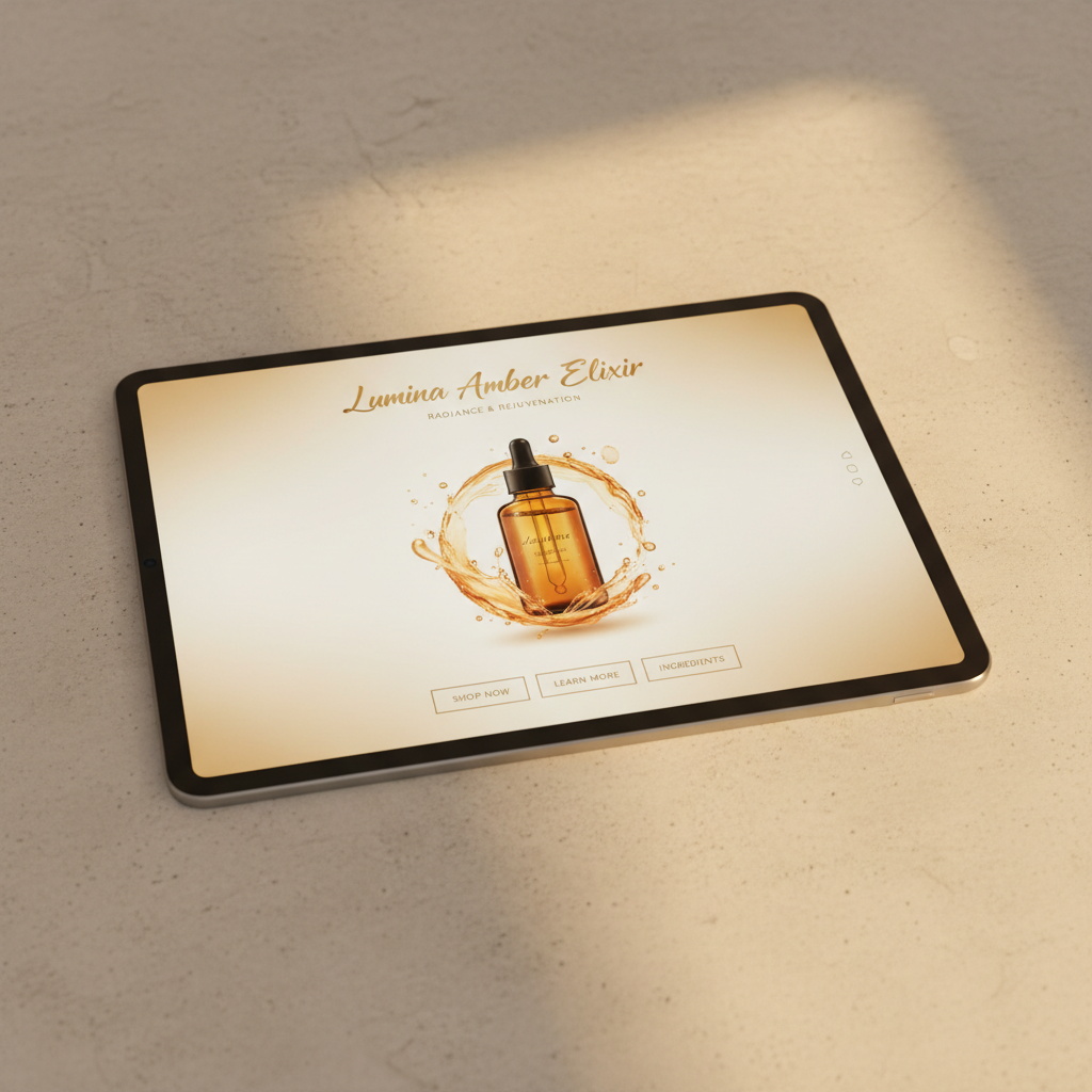 Luxury beauty brand website on MacBook, dark ambient workspace with warm accent lighting