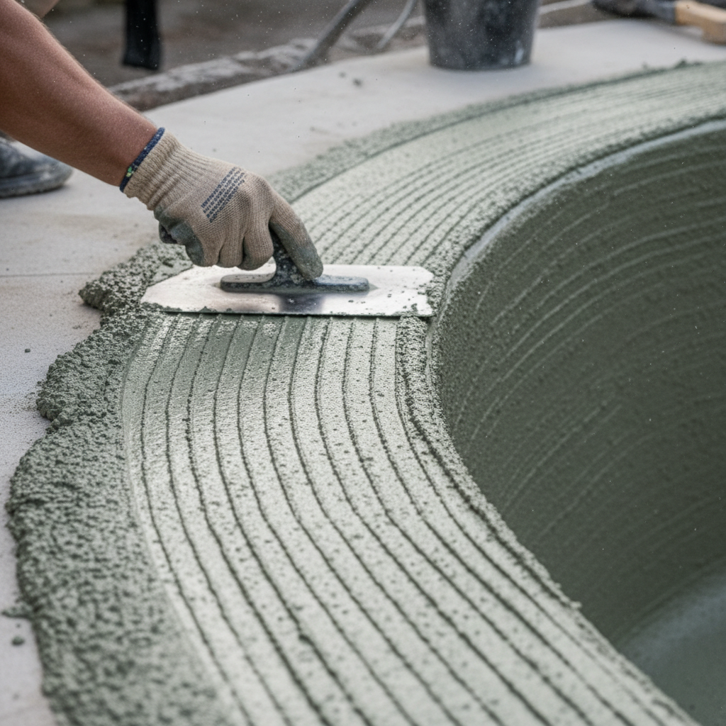 Close-up of reinforced bond-coat being applied to pool surface with trowel, showing even coverage and texture