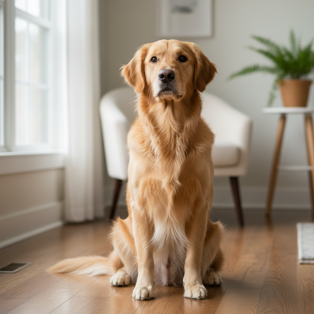 Owner sitting calmly with small dog on lap in peaceful living room setting