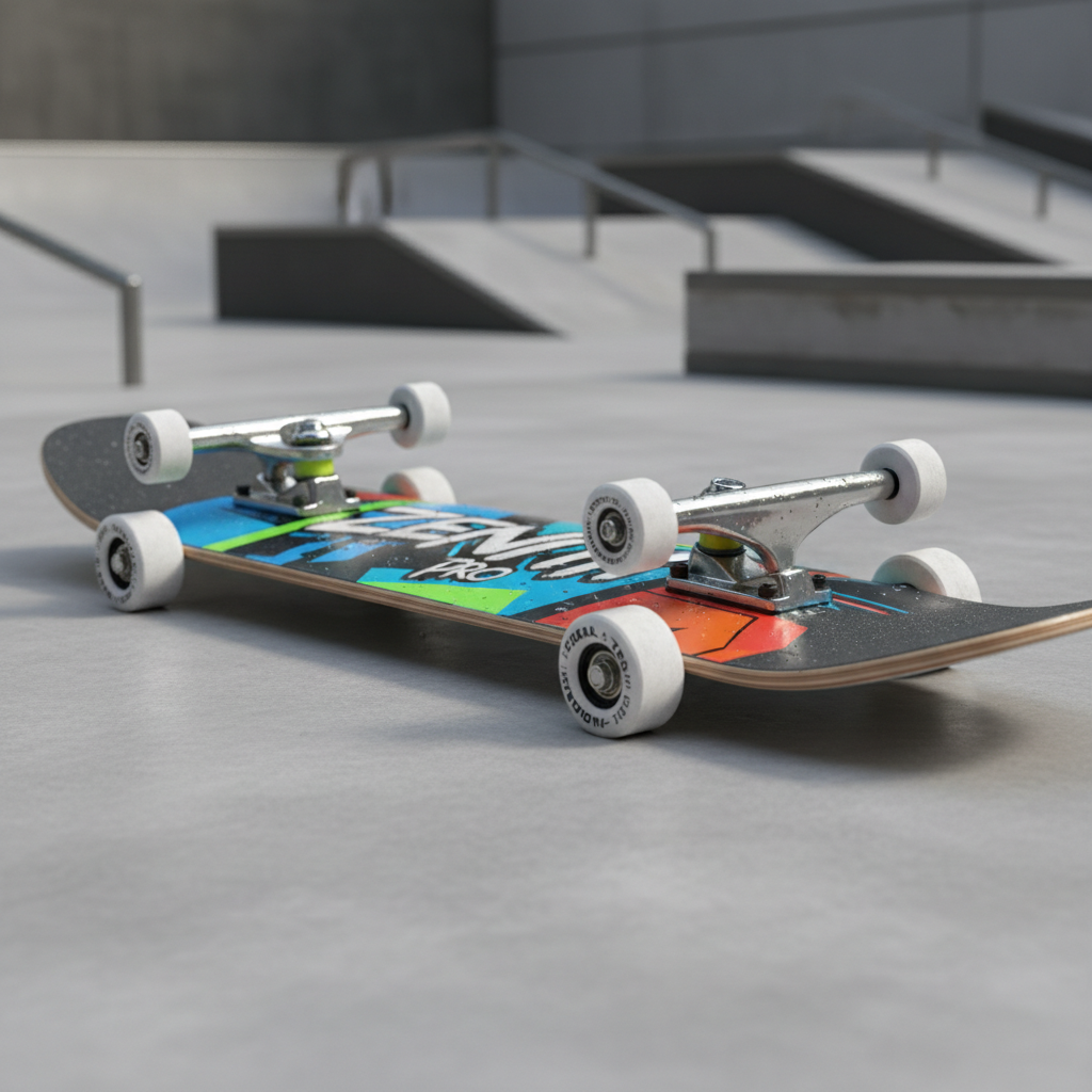 Skateboard deck and wheels on concrete pavement