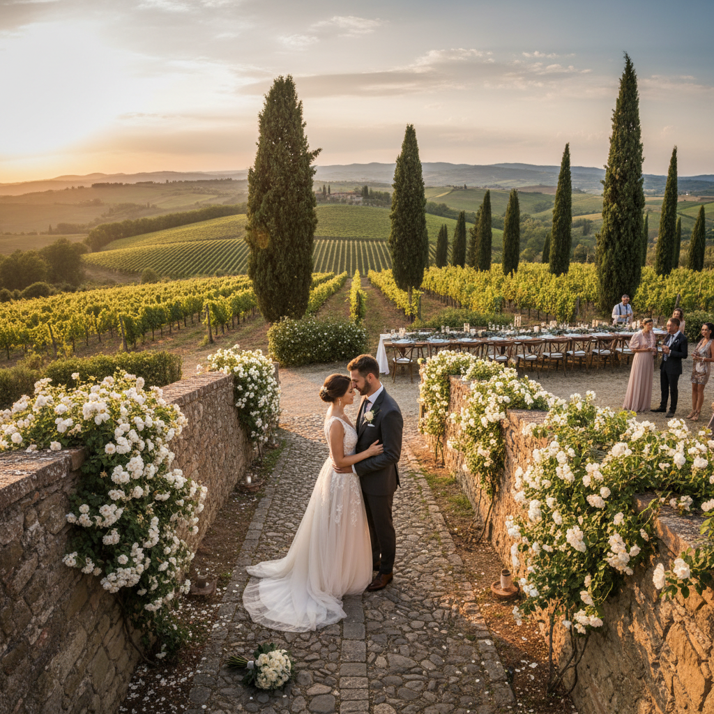 Intimate wedding ceremony in Tuscan villa garden, candlelit evening reception