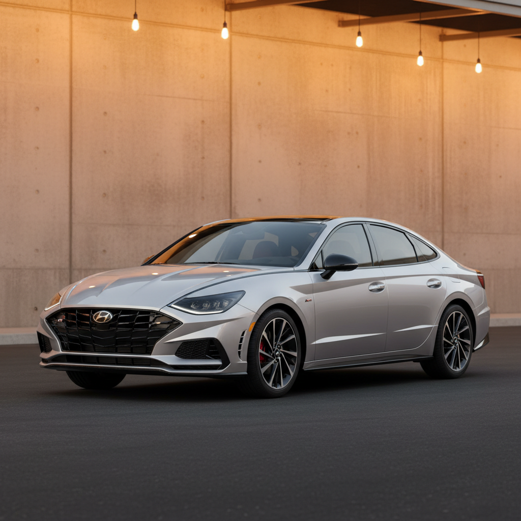 Sonic Silver 2022 Hyundai Sonata N-Line parked in front of a concrete wall with amber shop lights