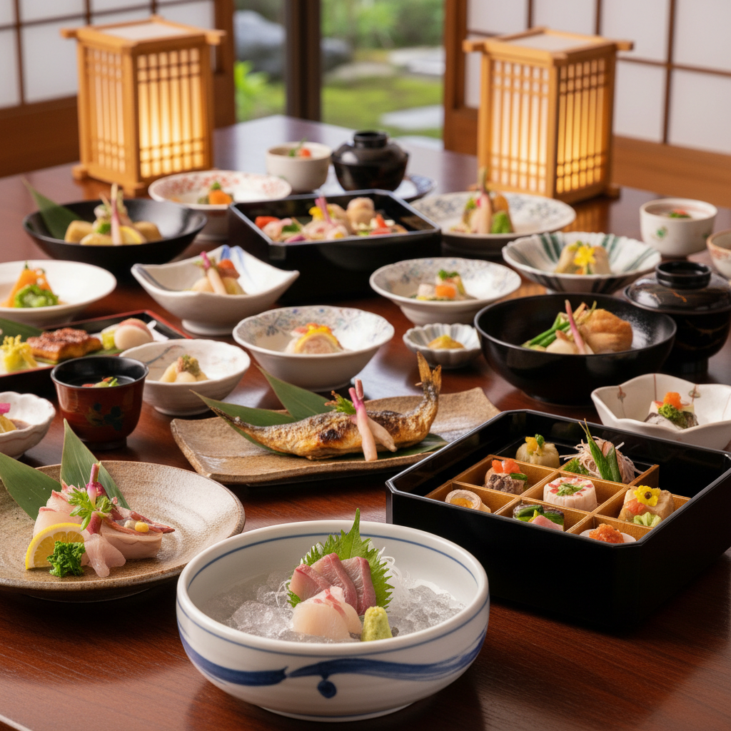 Traditional Japanese kaiseki meal on lacquered tray in serene tatami room with soft paper screen light