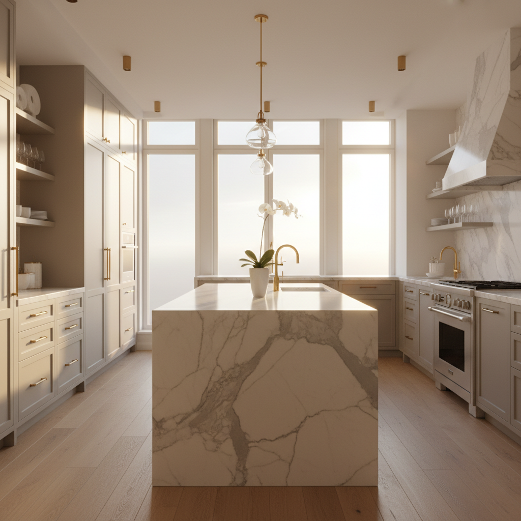 Staged luxury condominium kitchen with Carrara marble island, single white orchid, and polished brass fixtures catching afternoon light