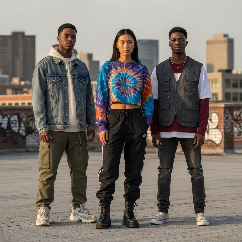 Group of young streetwear fans in coordinated urban outfits, rooftop setting at golden hour, city skyline behind