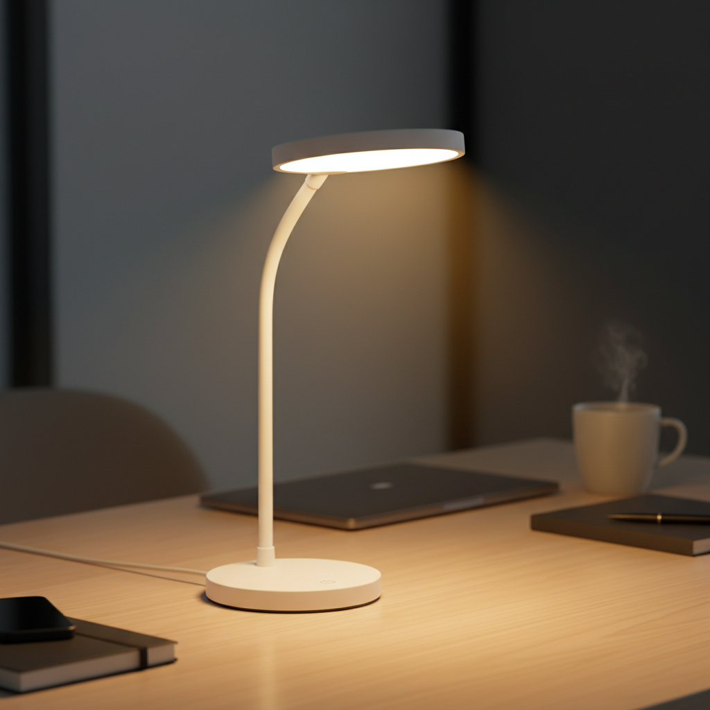 Lampe de bureau LED blanche moderne sur bureau en bois, lumière chaude