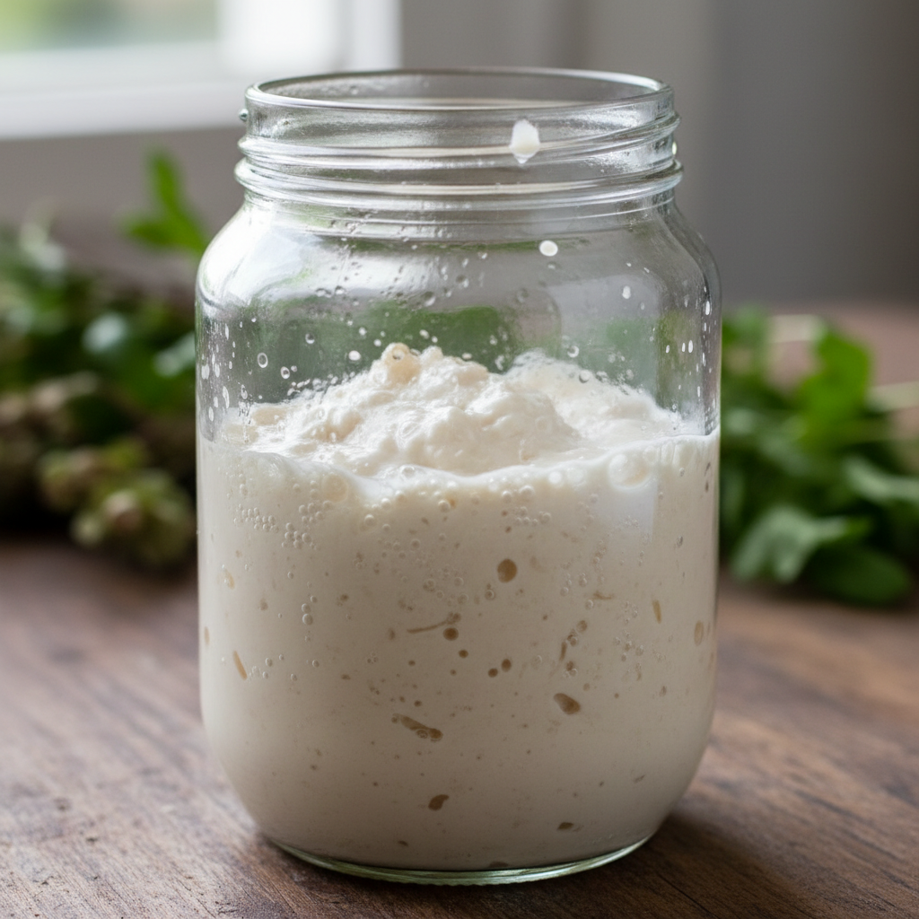 Glass jar of fermenting cashew cream with bubbles forming on the surface