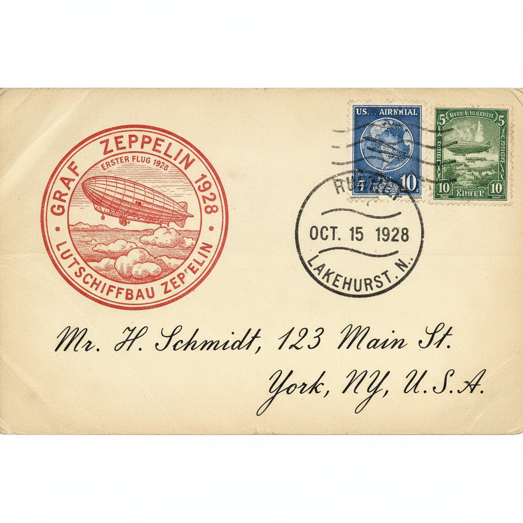 Zeppelin first flight cover with special red cachet and 1928 Lakehurst postmark on cream envelope