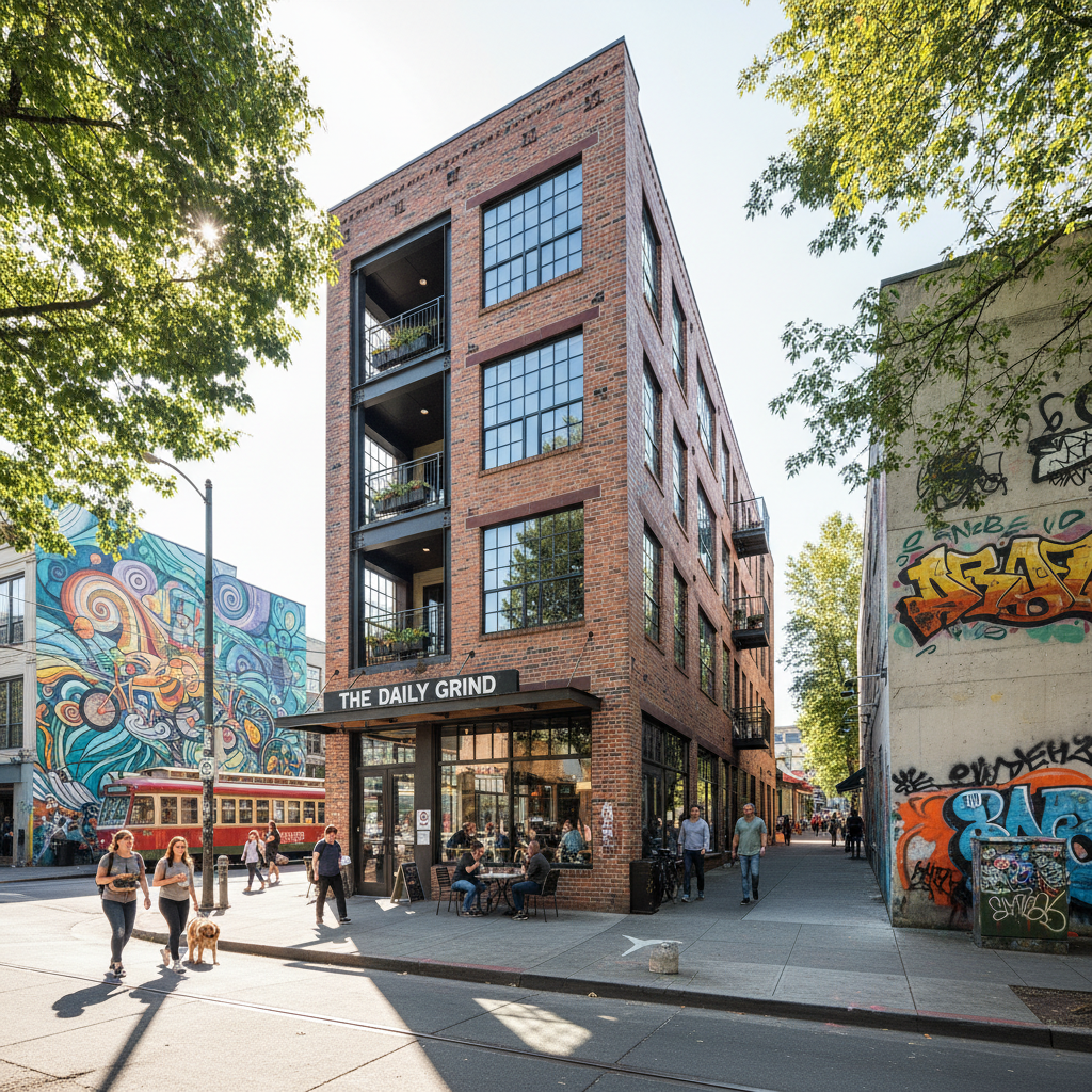 Narrow mixed-use building with café on ground floor and apartments above in Portland Oregon arts district