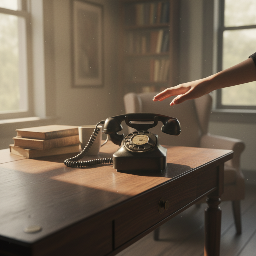 Morning light across a quiet desk with a telephone — the ordinary moment before someone reaches for help