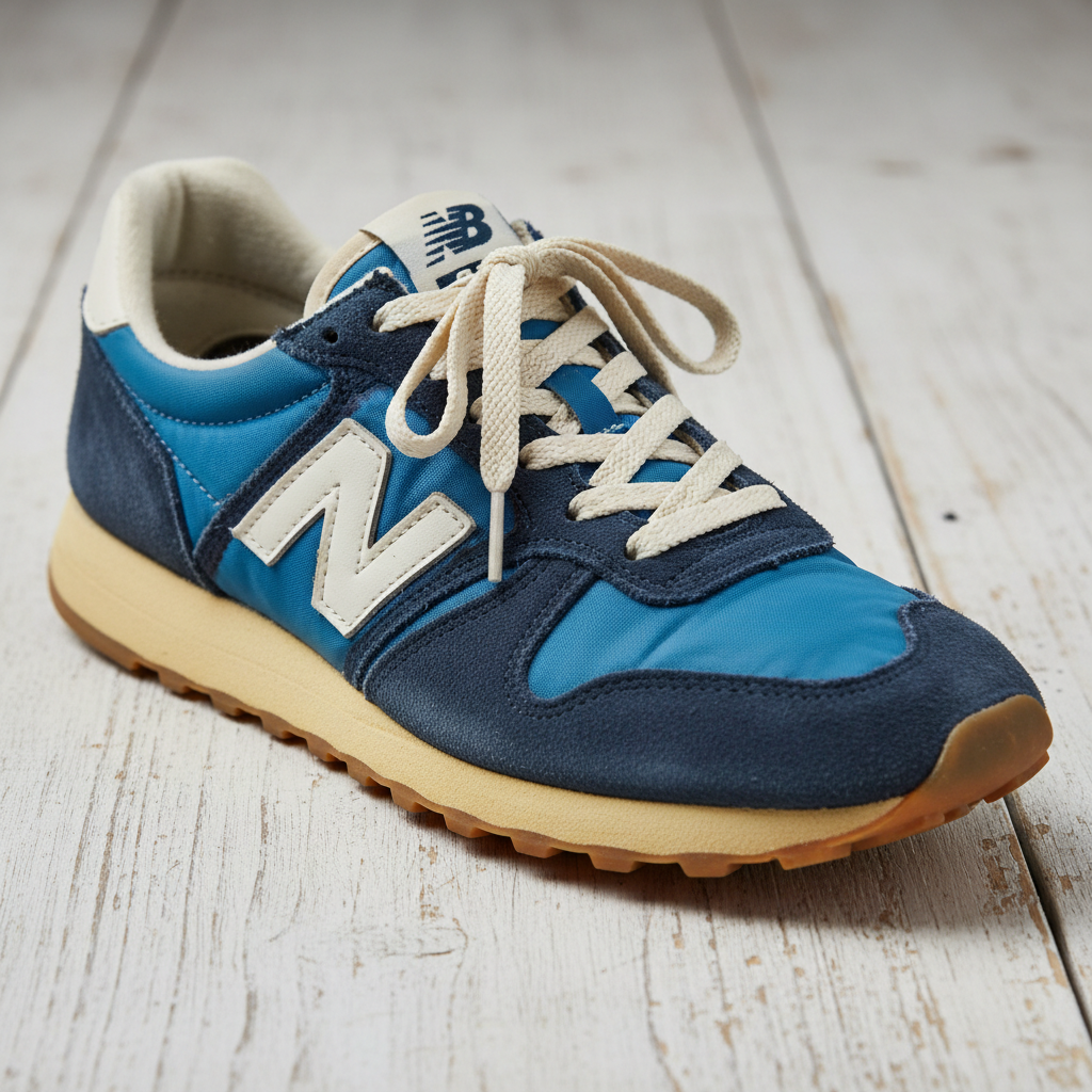 Vintage running sneaker on wooden surface with natural lighting