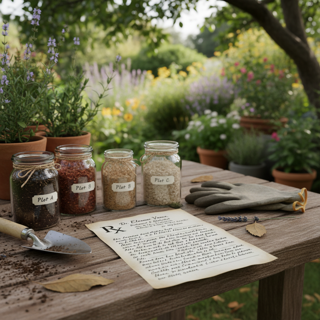 Document de prescription manuscrit posé sur une table de jardin avec des échantillons de sol