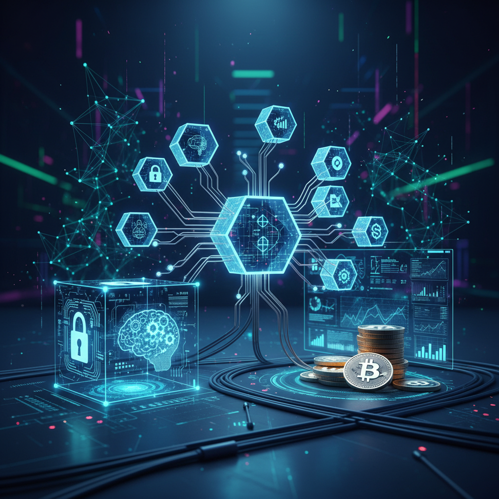 Glowing cryptocurrency blockchain nodes visualization on dark background, deep blue and green digital network lights, tech atmosphere
