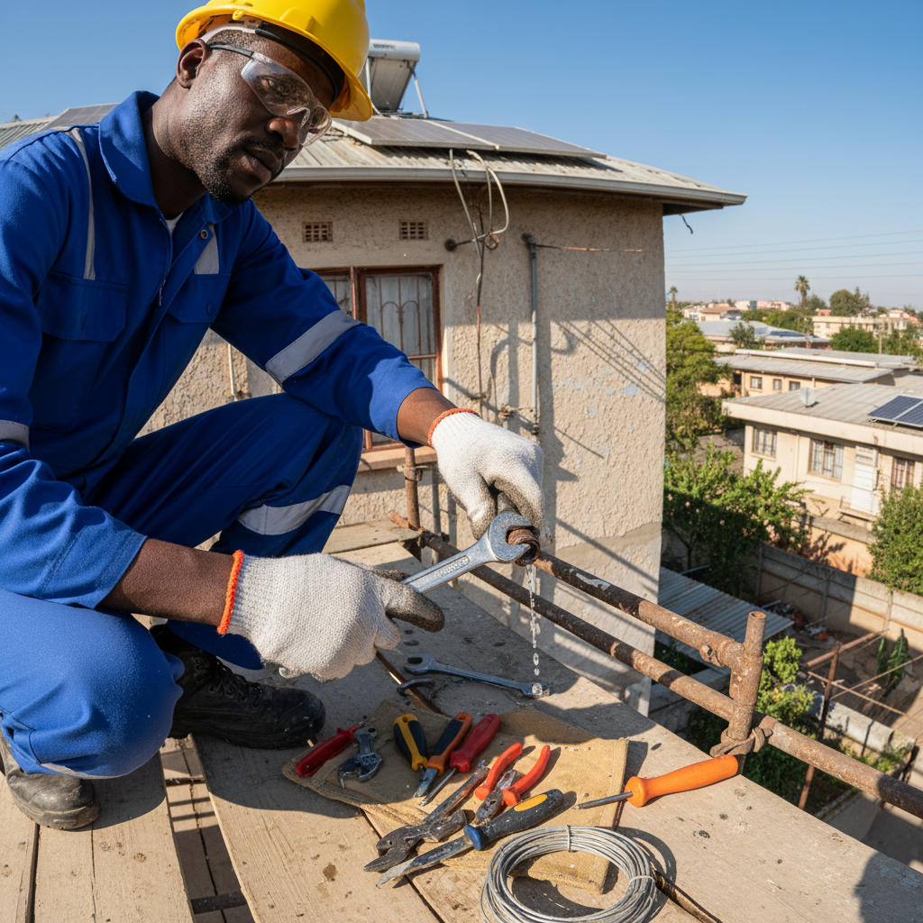 Technicien africain effectuant la maintenance d'un immeuble résidentiel à Abidjan