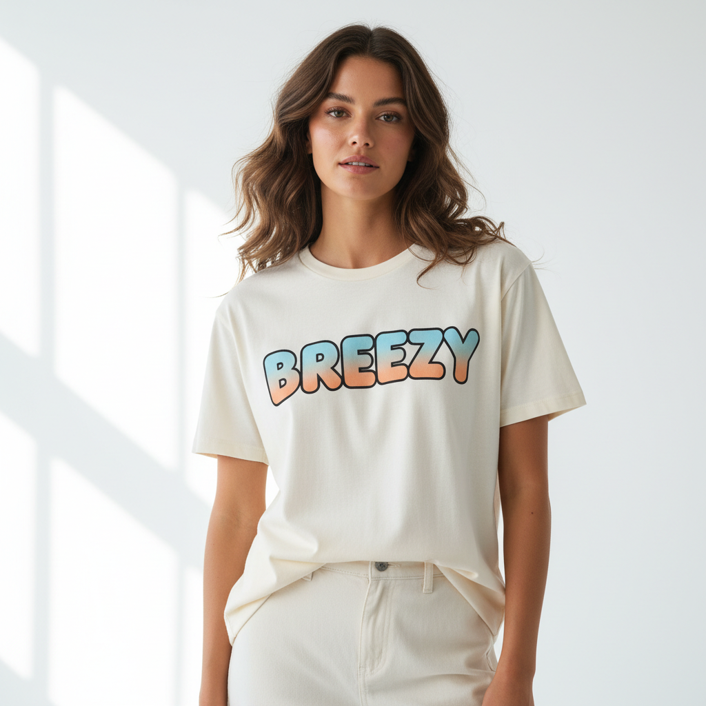 Bright clean white background, model wearing graphic tee with bold BREEZY print, natural daylight, editorial fashion shoot