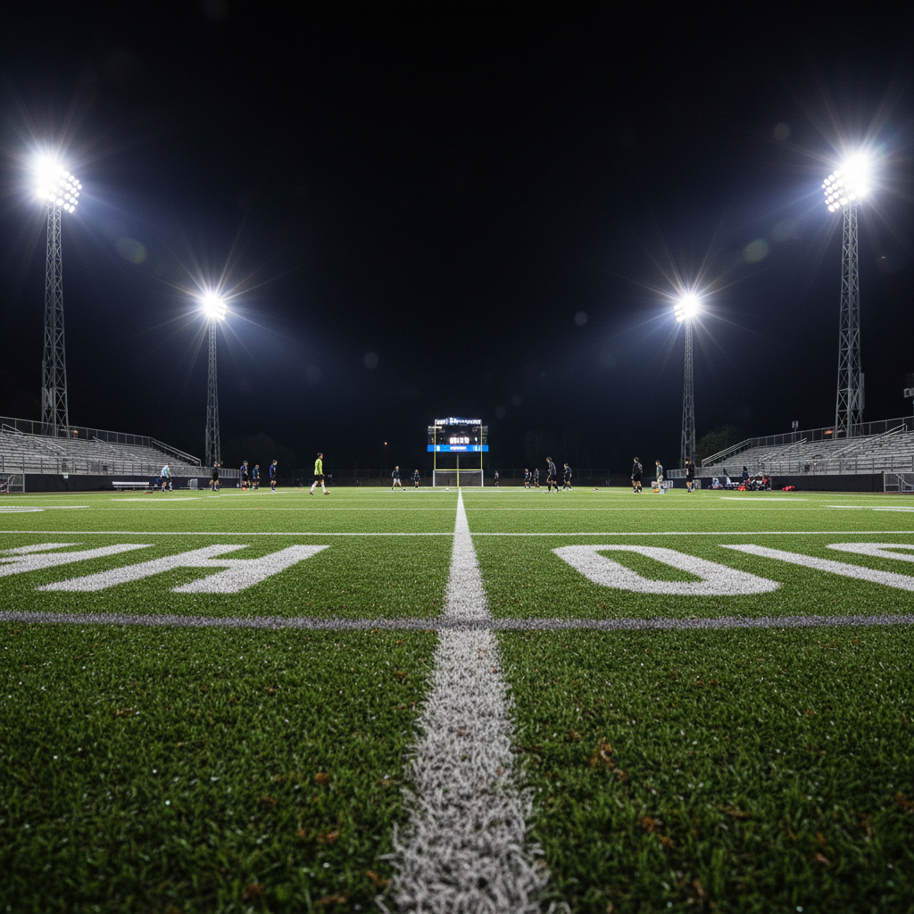 Stadium lighting towers illuminating tournament-grade artificial turf field at night, bright white end zones visible, players warming up in distance