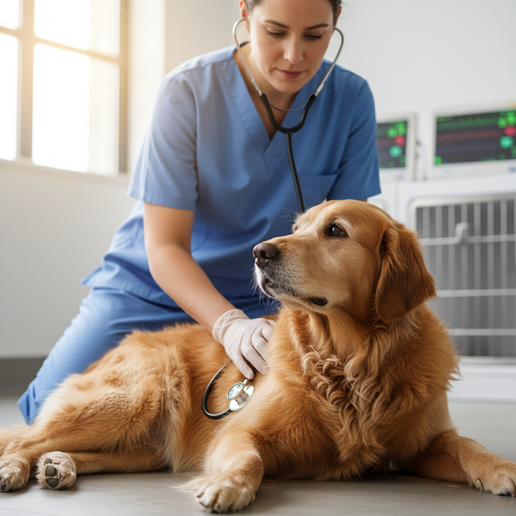 Veterinarian in white coat examining a golden retriever on an exam table