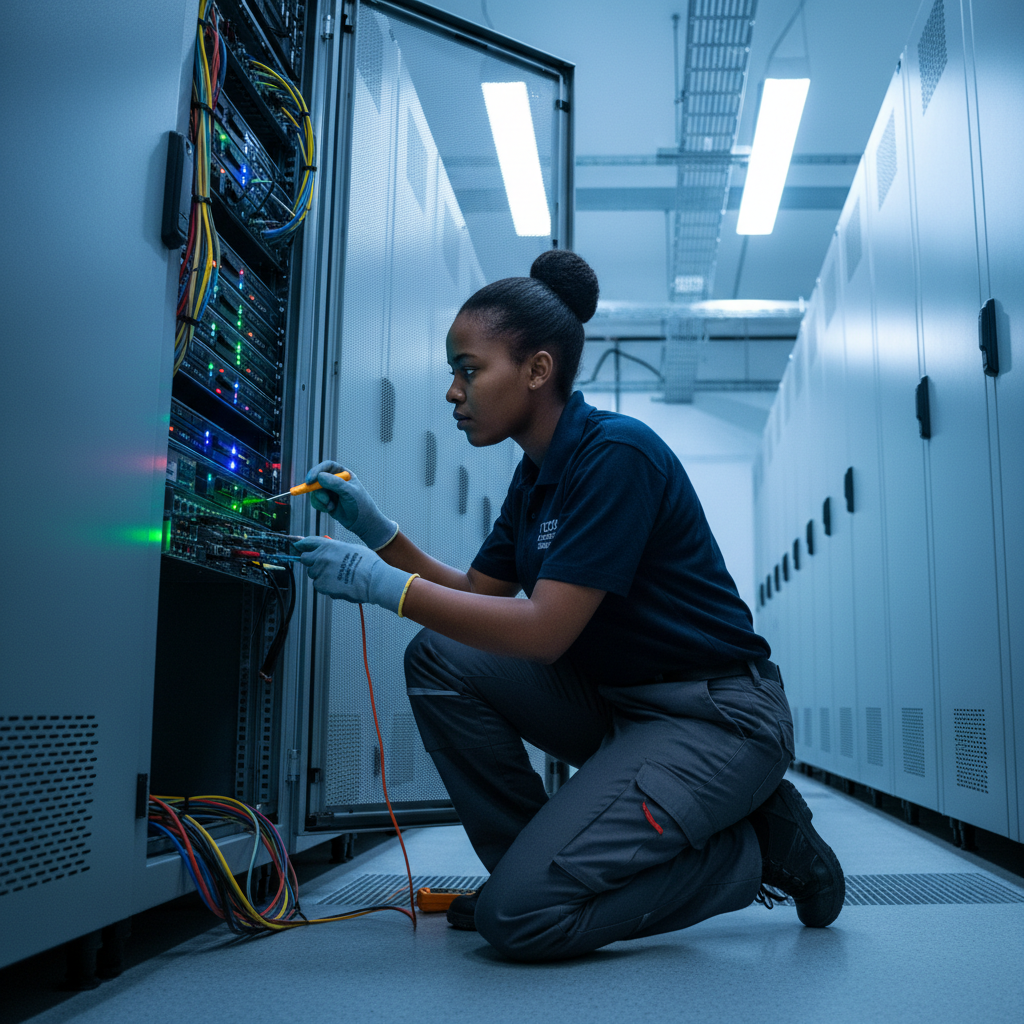 Young African IT technician working on server rack installation in a data center